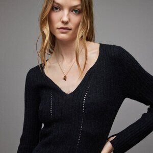 NWT All Saints Black Wool Alpaca Blend V-Neck Rhoda Jumper Sweater Size S